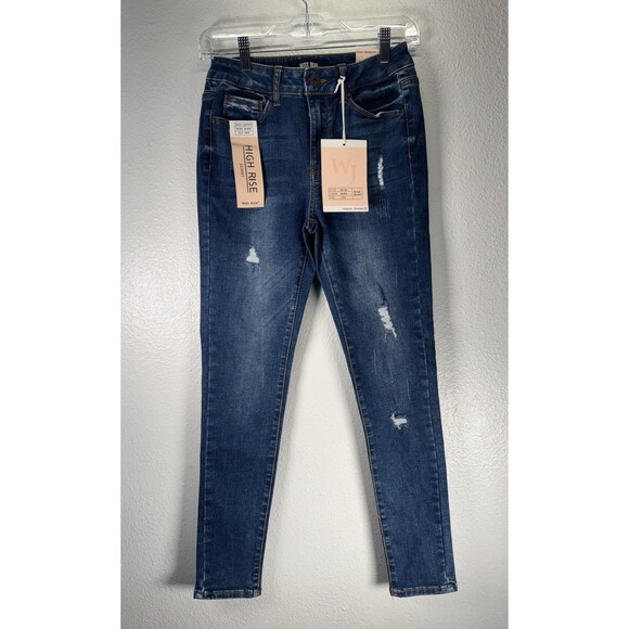 Denim - Wax Jean High Rise Denim Skinny Jeans Dark Blue Wash Ripped Distressed Sz 1/25
